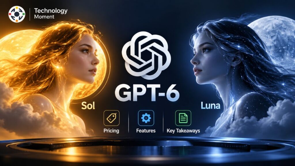 GPT-6 Sol and Luna represented as two contrasting AI models, with Sol shown in warm golden light and Luna in cool blue light, alongside Technology Moment branding.