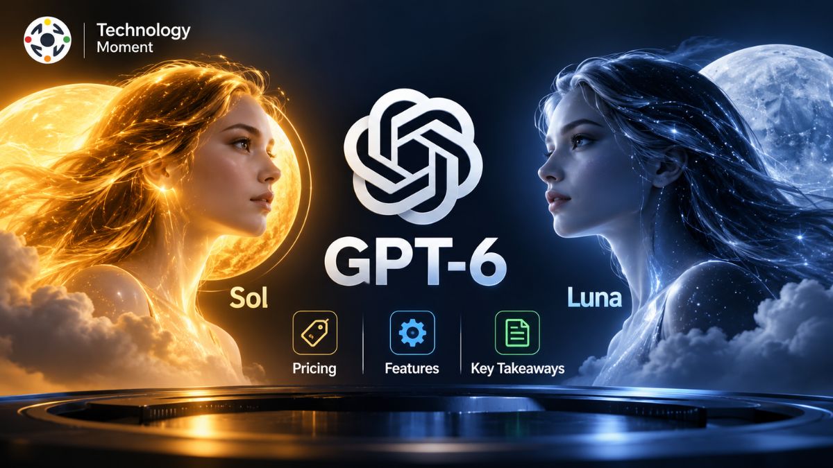GPT-6 Sol and Luna represented as two contrasting AI models, with Sol shown in warm golden light and Luna in cool blue light, alongside Technology Moment branding.
