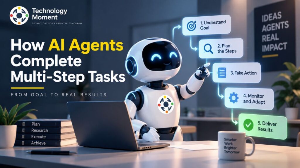How AI Agents Complete Multi-Step Tasks using goal understanding, planning, action, monitoring, and result delivery.