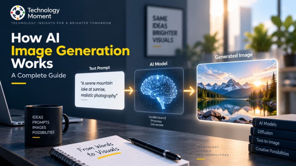 How AI Image Generation Works, showing a text prompt transformed by an AI model into a generated landscape image.