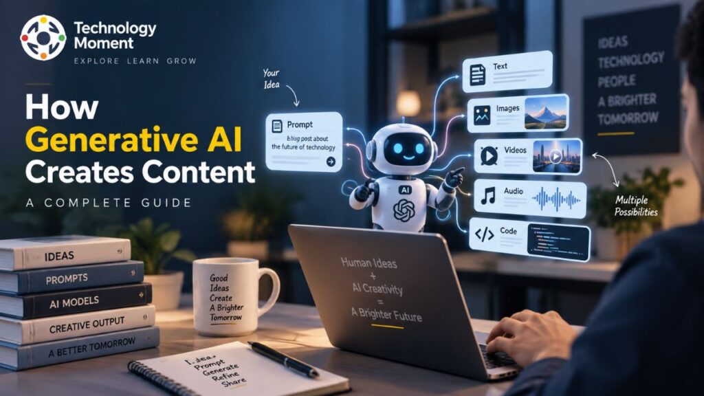 How Generative AI Creates Content through prompts, producing text, images, videos, audio, and code.