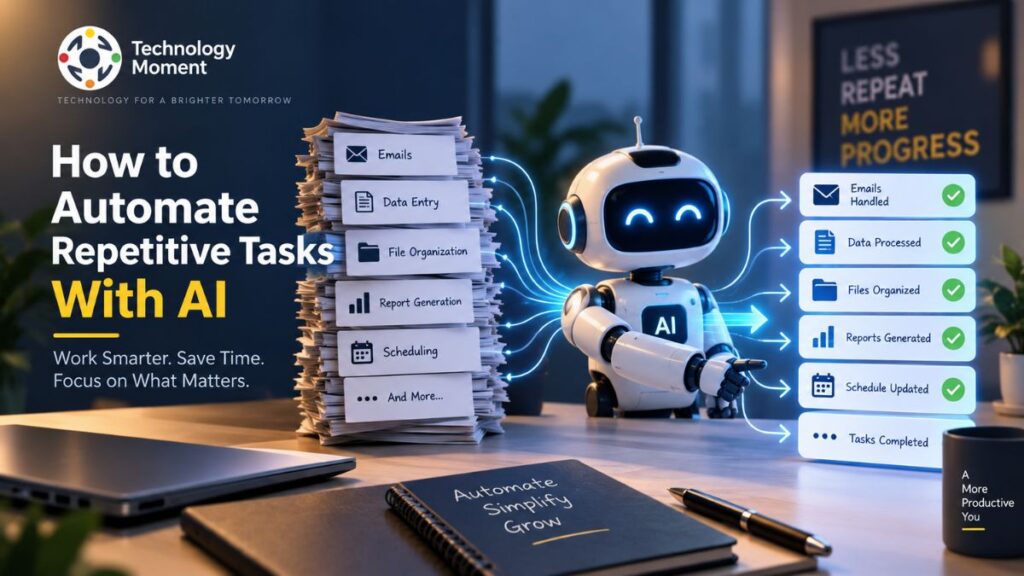 How to Automate Repetitive Tasks With AI using an AI assistant to process emails, data entry, file organization, reports, and scheduling.