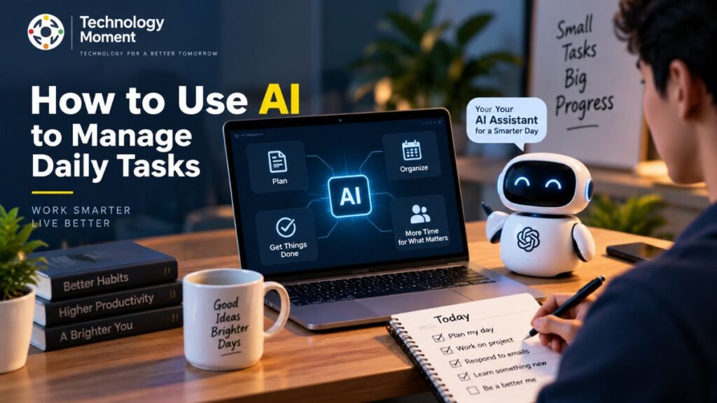 How to Use AI to Manage Daily Tasks with an AI assistant, laptop, and daily checklist in a modern workspace.