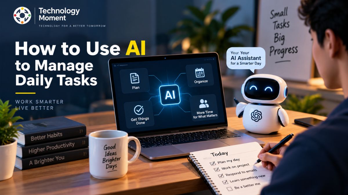 How to Use AI to Manage Daily Tasks with an AI assistant, laptop, and daily checklist in a modern workspace.
