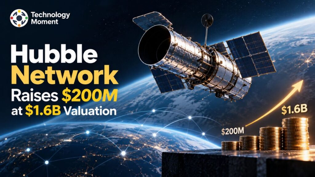 Hubble Network satellite in orbit above Earth, highlighting its $200 million funding and $1.6 billion valuation.