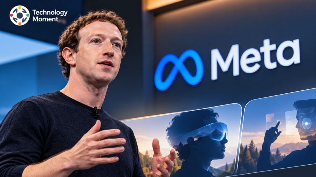 Meta Charm Wearable technology concept featuring Mark Zuckerberg with Meta branding and immersive wearable technology visuals.