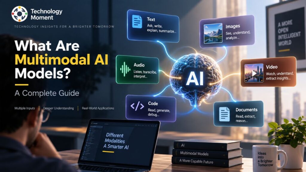 Multimodal AI Models combining text, images, audio, video, code, and documents through a central AI system.