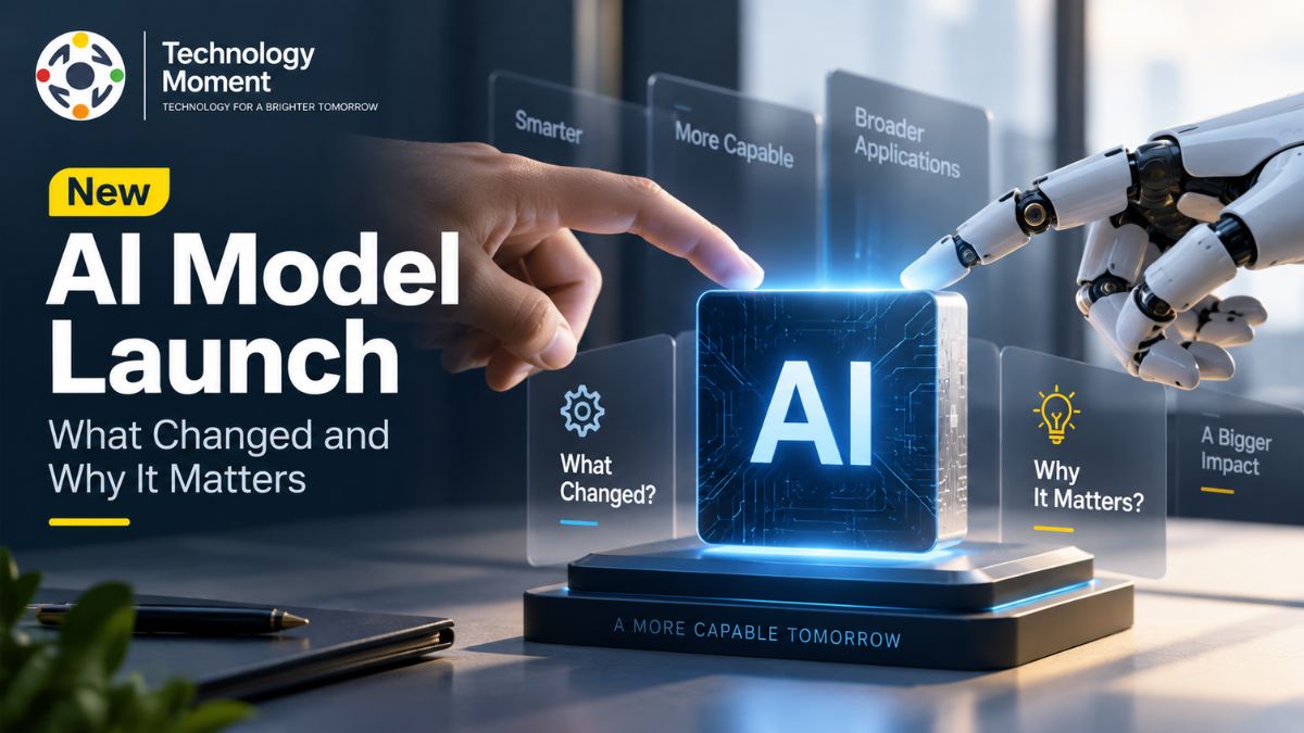 New AI Model Launch featuring a next-generation AI system with human and robotic hands, highlighting smarter capabilities and broader applications.