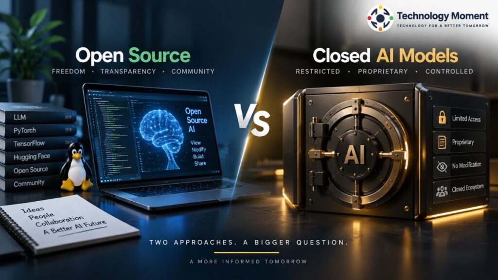 Open Source vs Closed AI Models comparison showing an open AI development environment versus a restricted proprietary AI system.