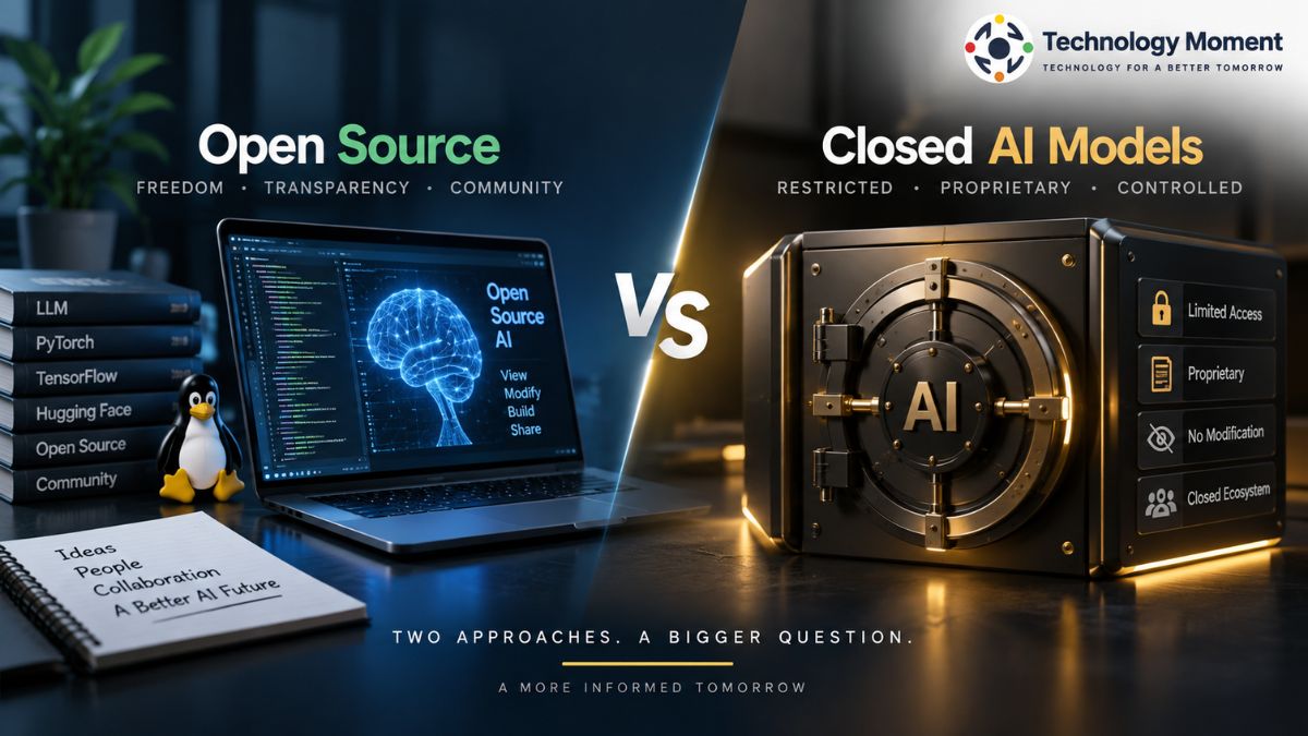 Open Source vs Closed AI Models comparison showing an open AI development environment versus a restricted proprietary AI system.
