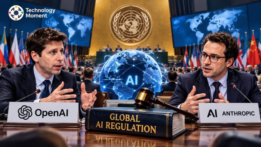 OpenAI Anthropic CEOs on AI Regulation at a UN-style global summit, with AI governance and international regulation imagery.