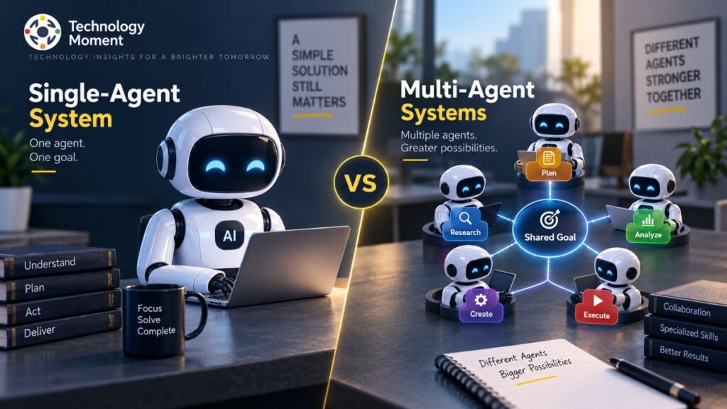 Single-Agent vs Multi-Agent Systems comparison showing one AI agent working alone versus multiple specialized AI agents collaborating toward a shared goal.
