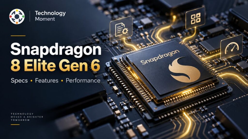 Snapdragon 8 Elite Gen 6 processor on a premium motherboard with gold circuit pathways, representing its specs, features, and performance.