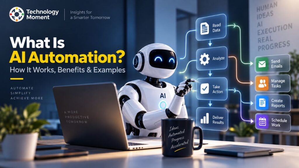 What Is AI Automation? AI robot showing an automated workflow from data analysis to actions and results.