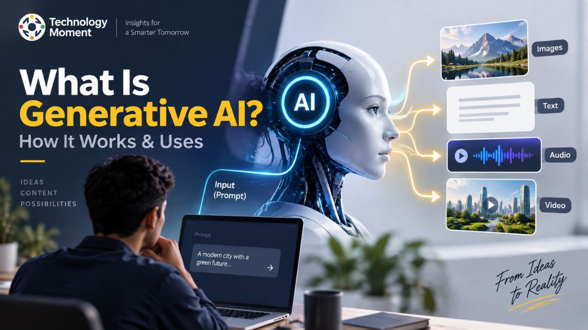 What Is Generative AI? How It Works & Uses, showing an AI system transforming a user prompt into text, images, audio, and video.