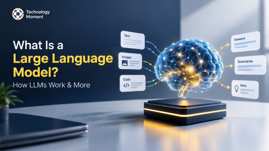 What Is a Large Language Model? showing a neural network brain processing text, images, and code to generate answers, summaries, and ideas.