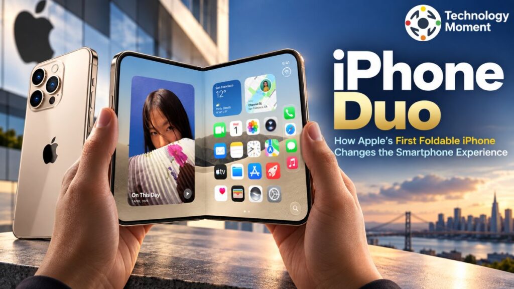 iPhone Duo Explained shown as a foldable dual-screen smartphone with a seamless display and iOS-style interface.