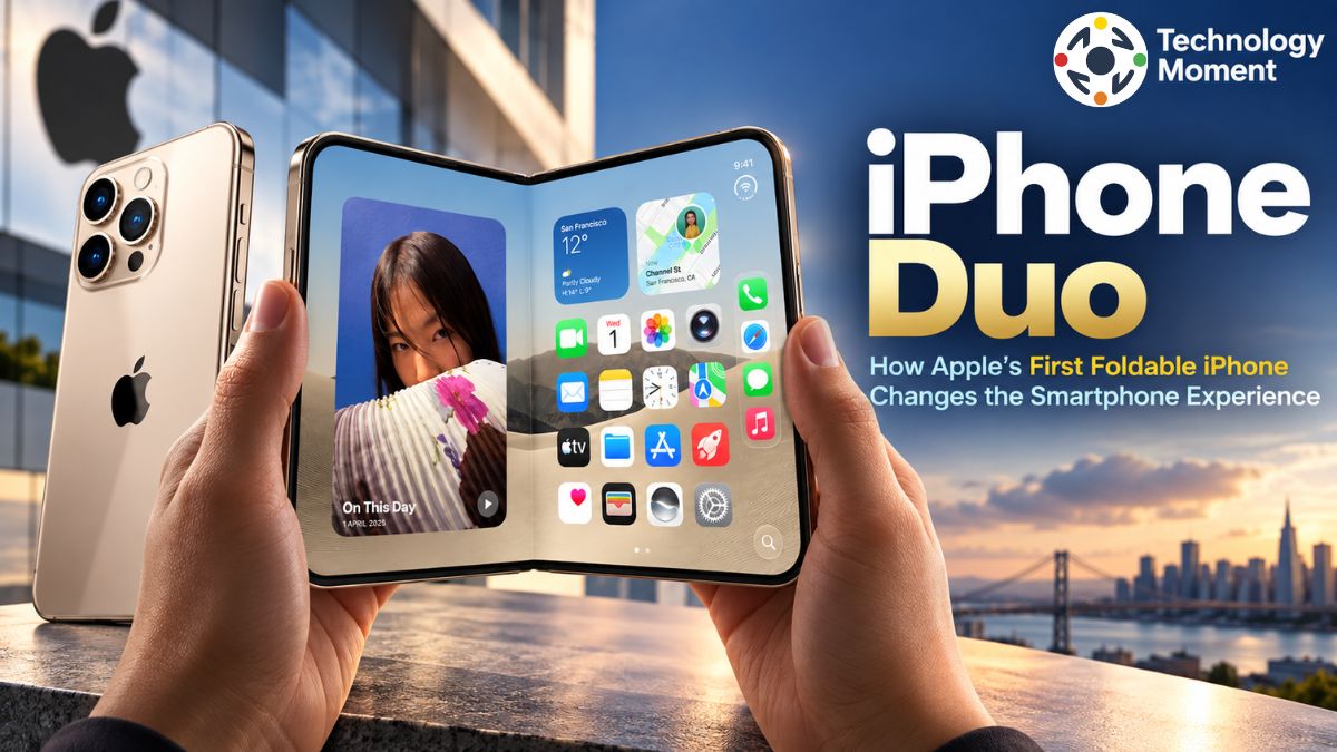 iPhone Duo Explained shown as a foldable dual-screen smartphone with a seamless display and iOS-style interface.
