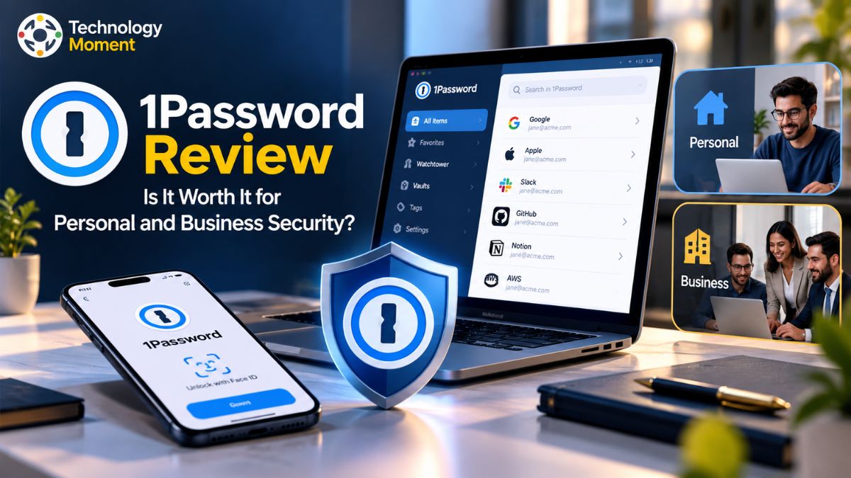 1Password Review featuring a password manager security concept with a digital vault and protective lock for personal and business security.