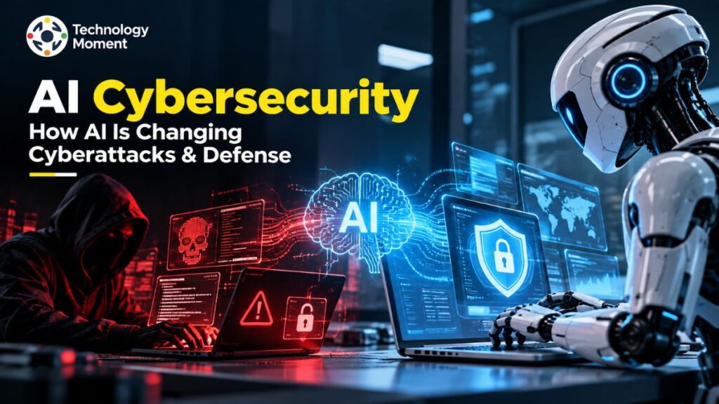 AI Cybersecurity concept showing artificial intelligence defending digital systems against cyberattacks.