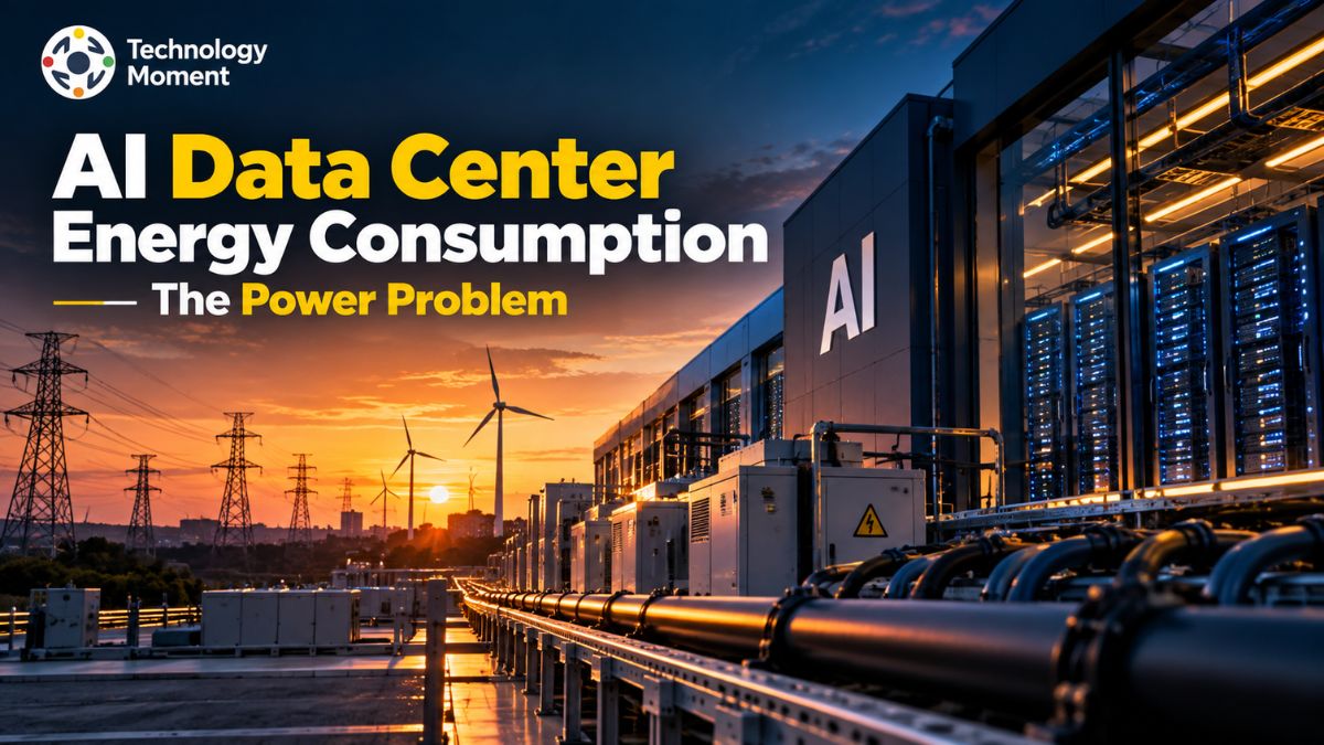 AI Data Center Energy Consumption shown through a high-tech data center powered by a large-scale energy infrastructure, highlighting the growing power demands of AI computing.
