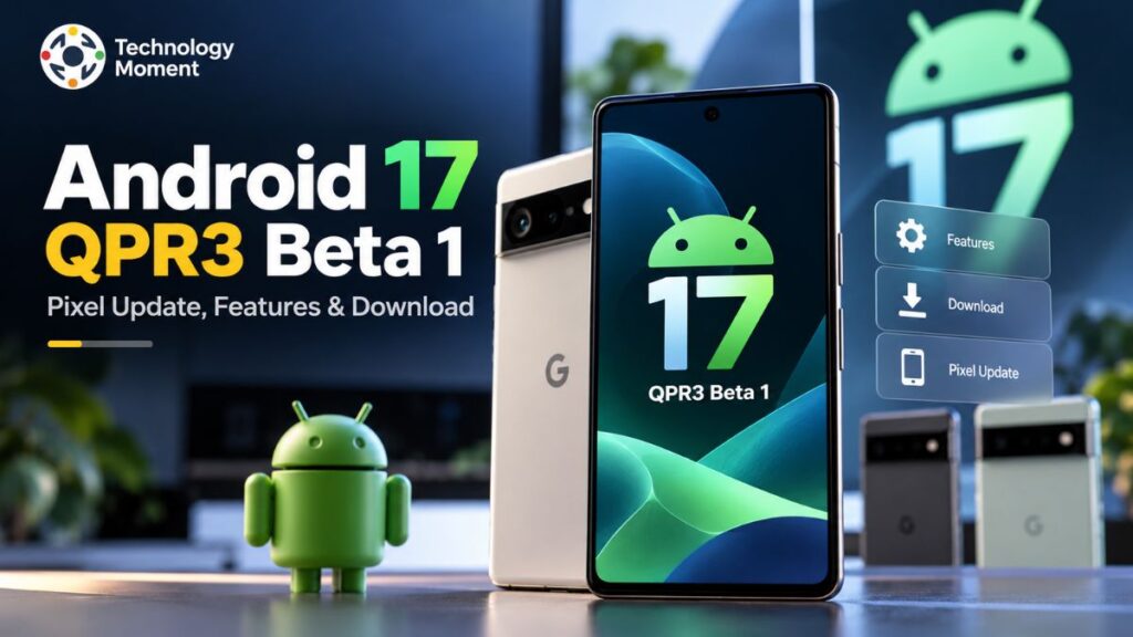 Android 17 QPR3 Beta 1 update displayed on a Pixel smartphone with Android beta visual elements.
