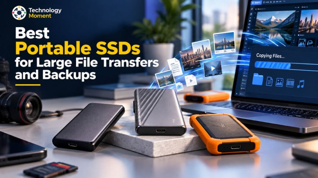Best Portable SSDs for Large File Transfers, featuring a portable solid-state drive for fast data transfer and secure backups.