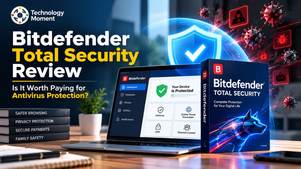Bitdefender Total Security Review featuring antivirus protection and a digital security shield.
