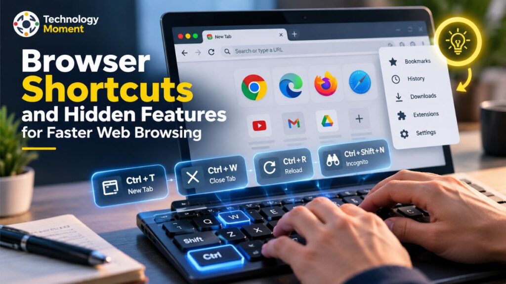 Browser Shortcuts for faster web browsing with keyboard commands and browser navigation symbols.
