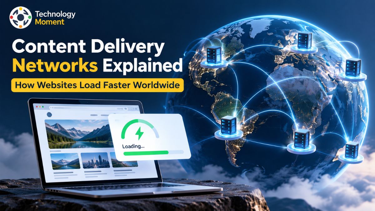 CDN Explained illustration showing a global content delivery network distributing website content through connected servers worldwide.