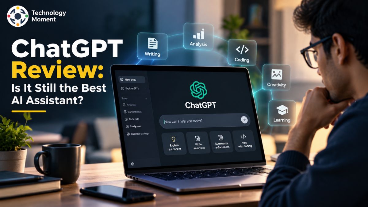 ChatGPT Review showing an AI assistant interface and evaluation concept for assessing ChatGPT’s capabilities.