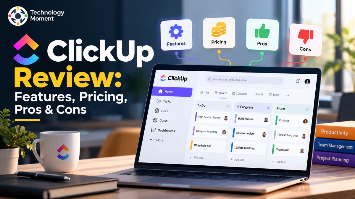 ClickUp Review featuring a visual representation of project management software and team productivity.