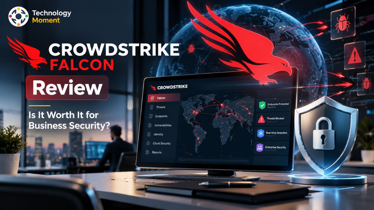 CrowdStrike Falcon Review featuring a cybersecurity protection concept for business endpoint security.