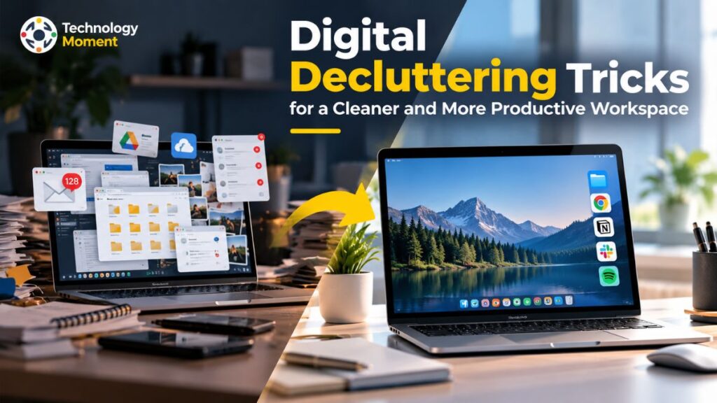 Digital Decluttering Tips for organizing digital files, cleaning up a computer workspace, and improving productivity.