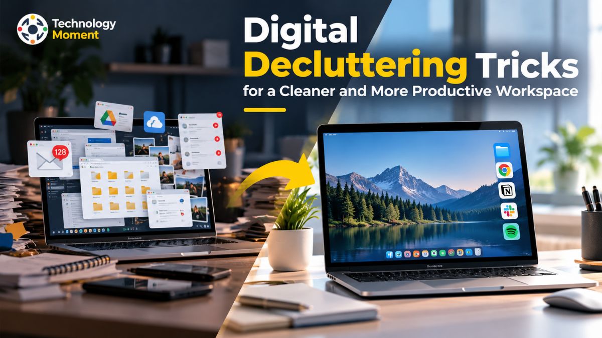 Digital Decluttering Tips for organizing digital files, cleaning up a computer workspace, and improving productivity.