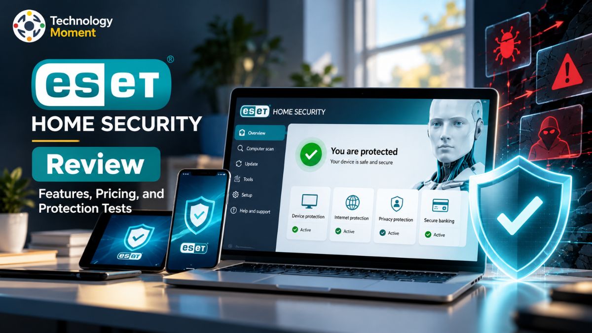 ESET HOME Security Review showing digital security protection and antivirus features.