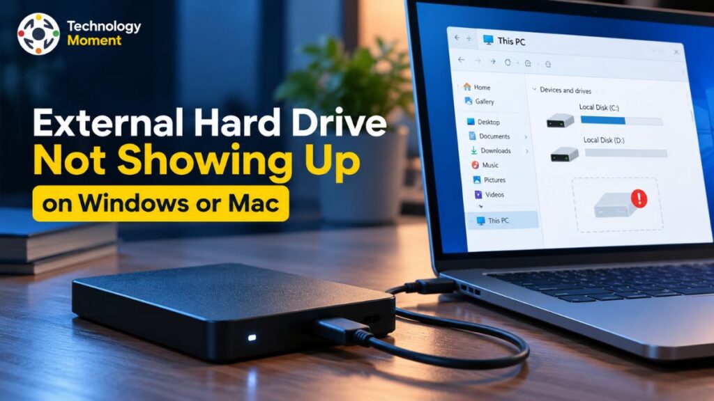 External Hard Drive Not Showing Up on Windows or Mac, with a disconnected storage device illustration.