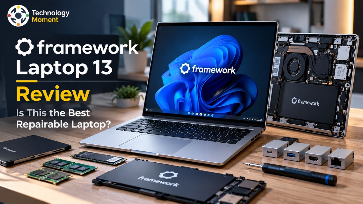 Framework Laptop 13 modular laptop with removable components, highlighting repairability and upgrade options.