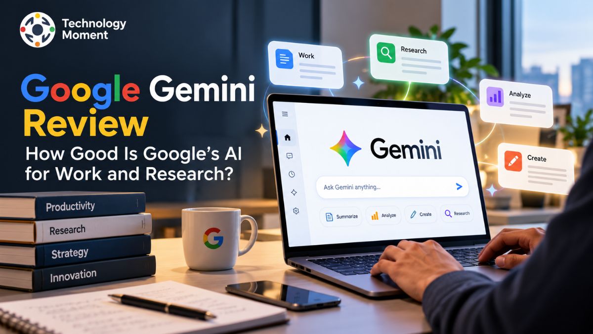 Google Gemini Review featuring an AI-powered workspace for research, writing, and productivity.