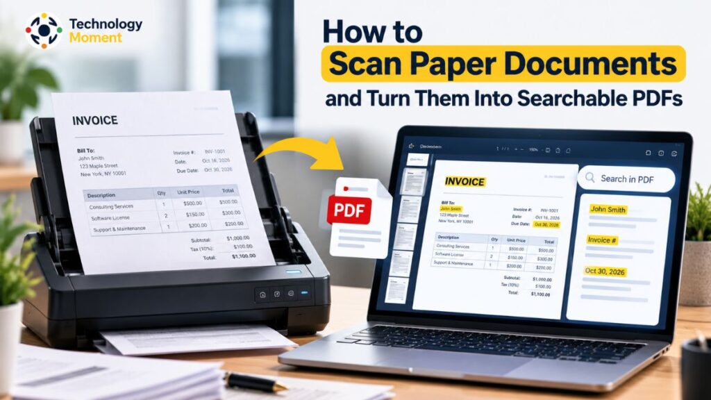 How to Scan Paper Documents into Searchable PDFs using a document scanner and OCR software.