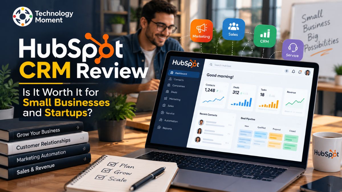 HubSpot CRM Review featuring a CRM workflow concept for small businesses and startups.