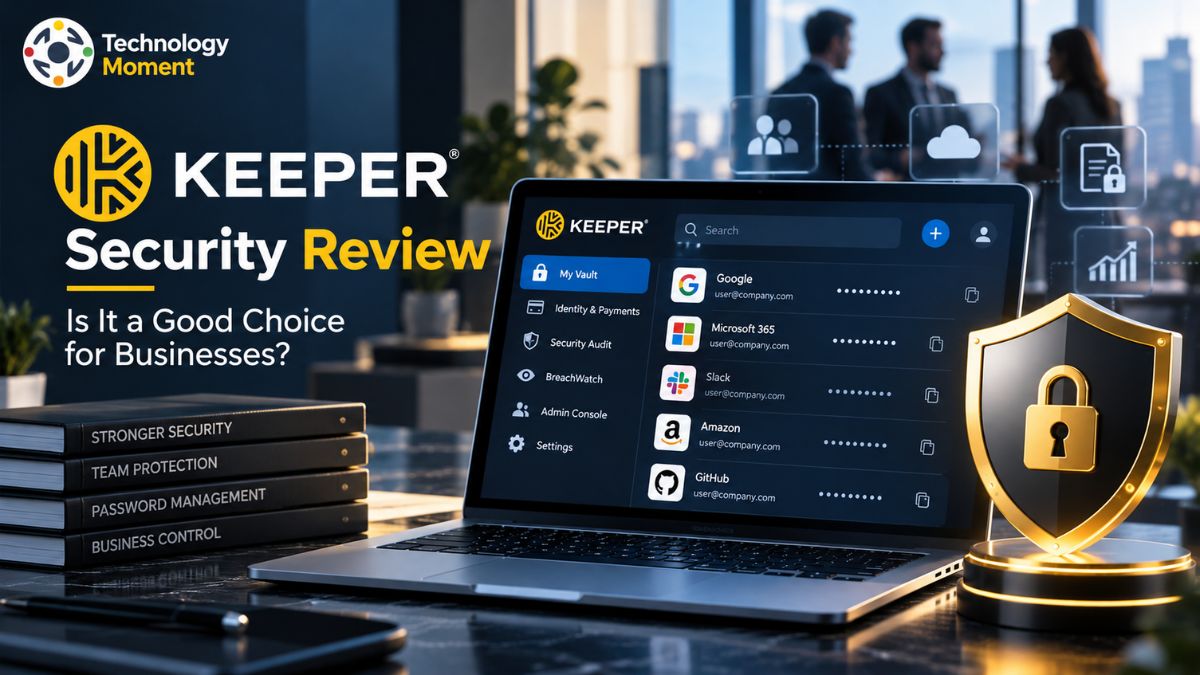 Keeper Security Review highlighting business password management, secure login protection, and cybersecurity features.
