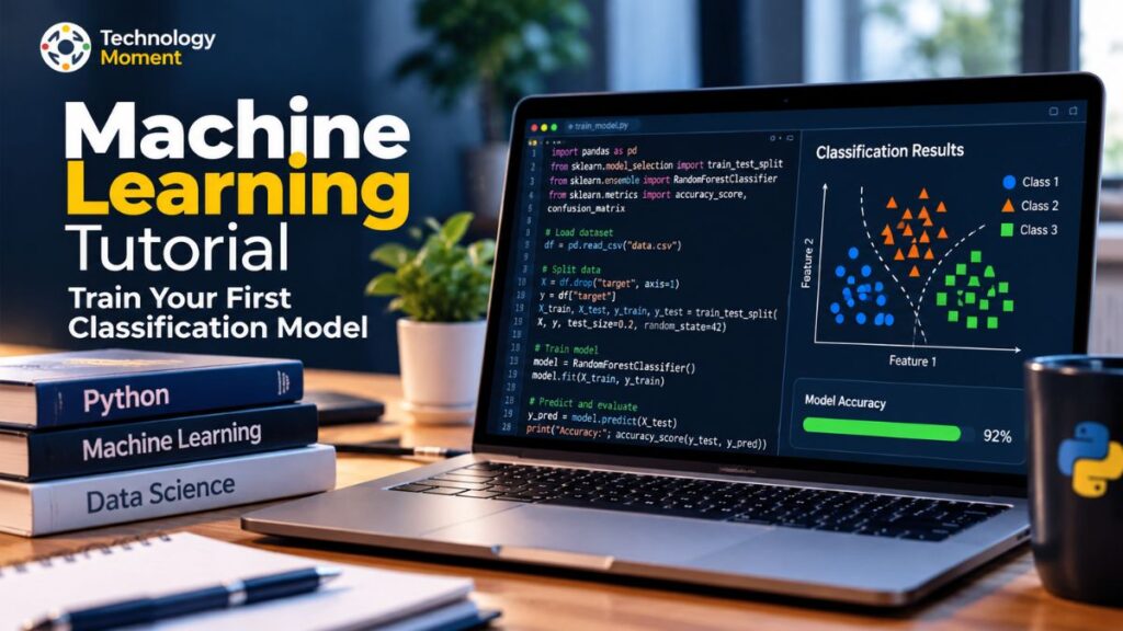 Machine Learning Project Tutorial showing a classification model learning to categorize data using a structured machine learning workflow.