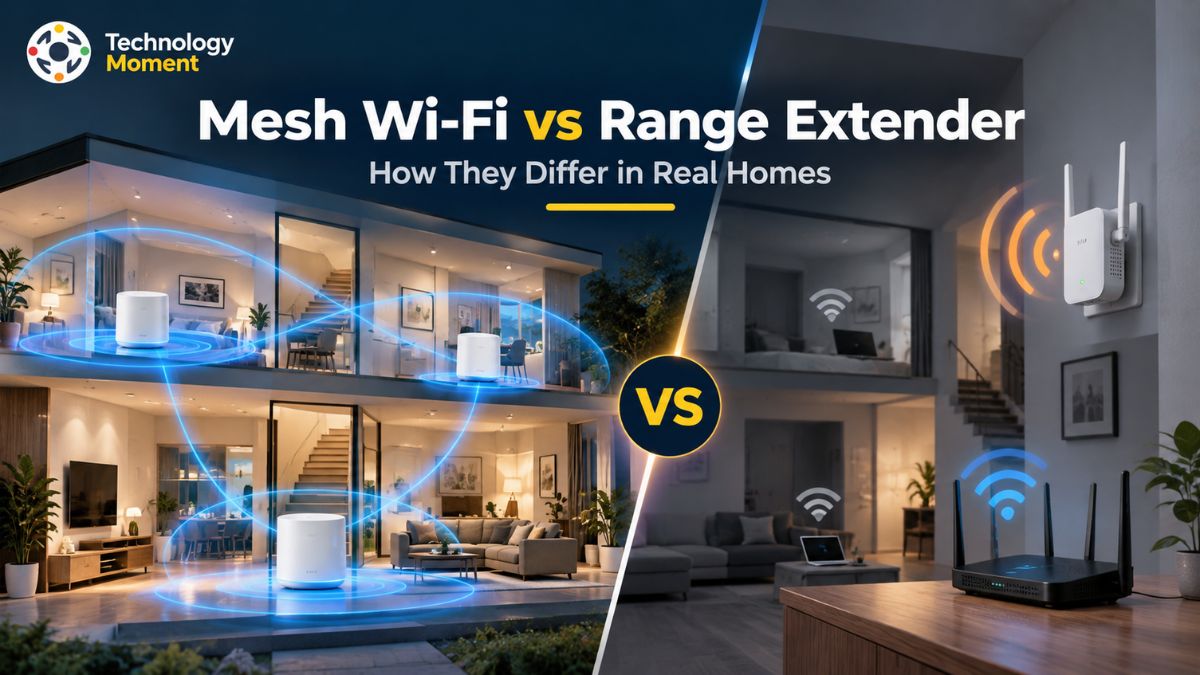 Mesh Wi-Fi vs Range Extender comparison showing two Wi-Fi systems for improving wireless coverage throughout a home.