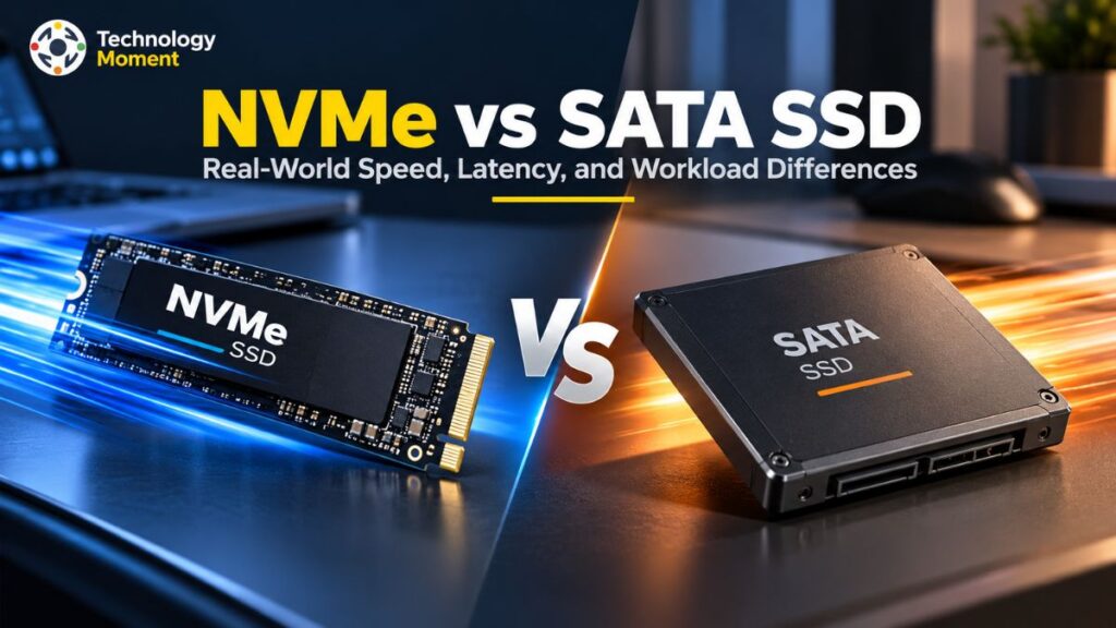 NVMe vs SATA SSD comparison showing two SSD storage technologies and their performance differences.