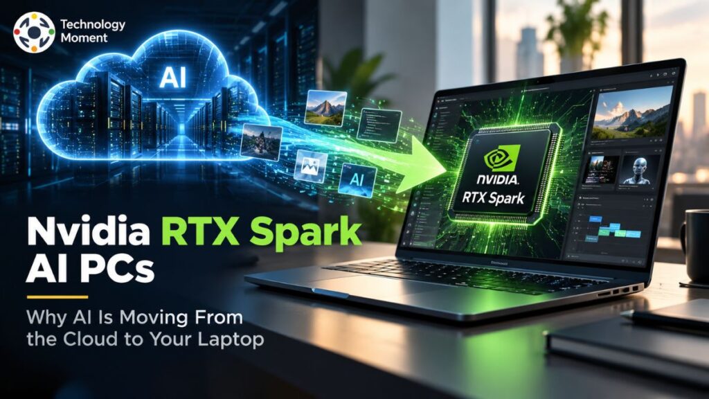 Nvidia RTX Spark AI PCs showing AI processing moving from cloud computing to a laptop.