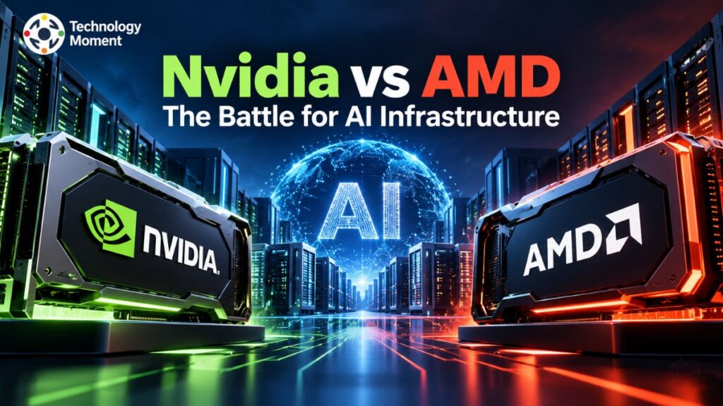 Nvidia vs AMD illustrated as a premium technology comparison focused on AI infrastructure and computing power.