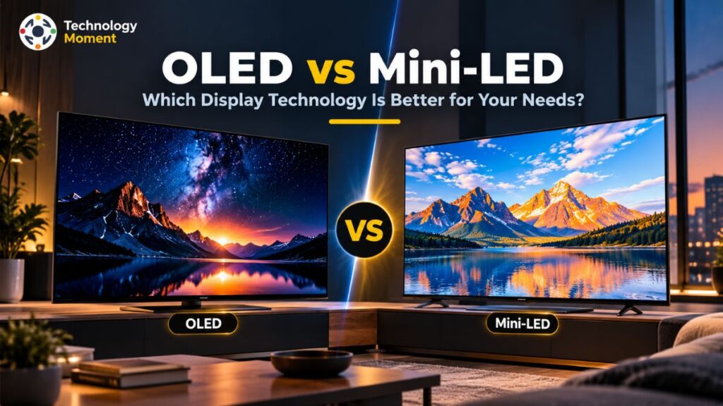 OLED vs Mini-LED display comparison showing two screen technologies with contrasting picture quality and brightness