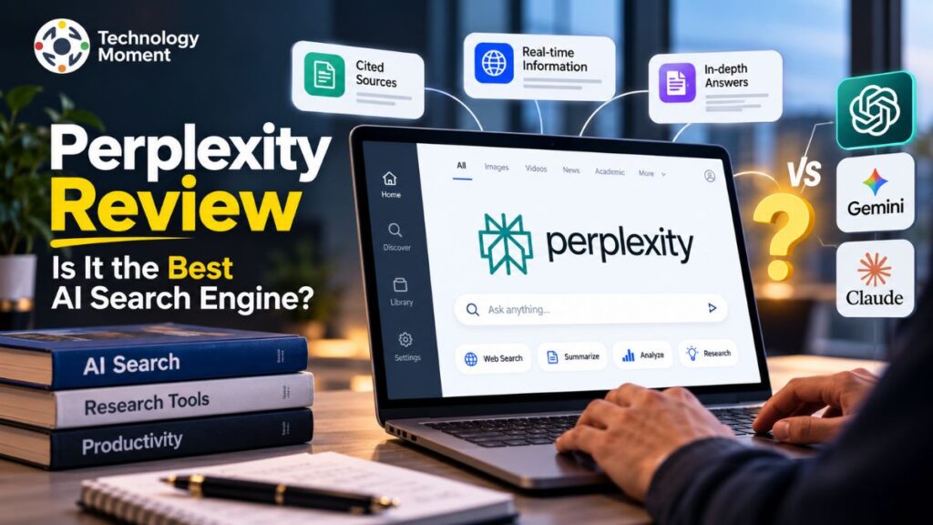 Perplexity AI Review featuring an AI search concept with a central navy circle and colorful directional arrows on a white background.