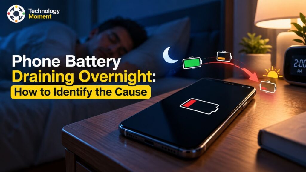 Phone battery draining overnight, shown with a smartphone and a low battery indicator.